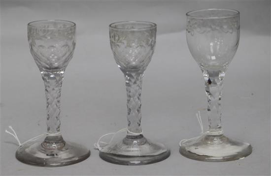 Three engraved cordial glasses, c.1785, two initialled WD